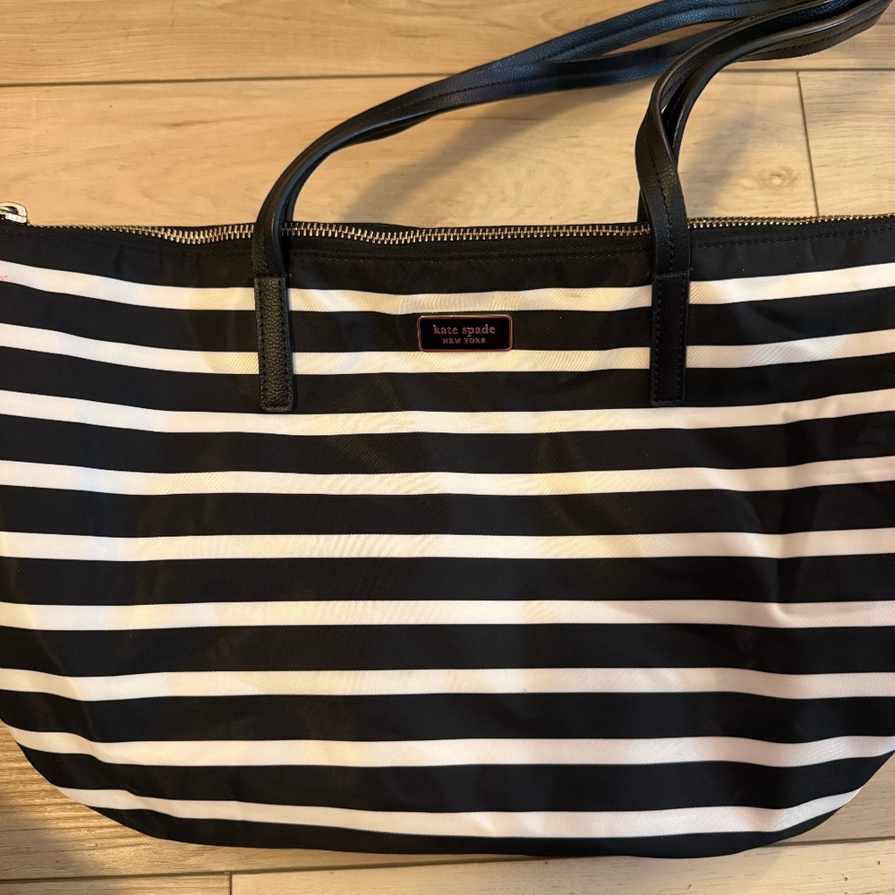 Kate Spade Black & White Striped Nylon Tote – Lightweight Shoulder Bag